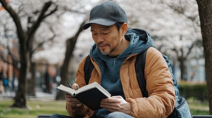 桜の公園で詩人の朗読 - 静けさとインスピレーション