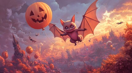 Fototapeta premium A pastel orange bat flying over a candy-filled landscape holding a pumpkin-shaped balloon