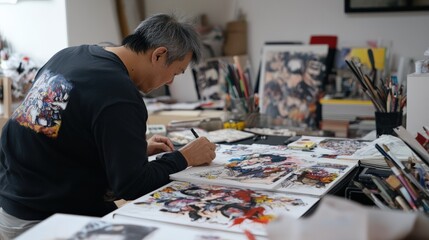 春をテーマにしたアート作品のためにスタジオでスケッチする日本の漫画家