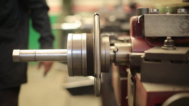 Mechanic sanding brake disc mounted on grinding lathe