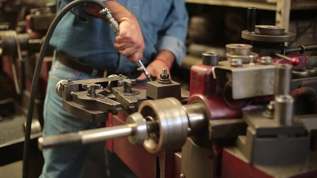 Mechanic cleans the grinding lathe with pressurized air