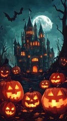 Spooky halloween illustration, pumpkins castle, dark, cartoon style for kids