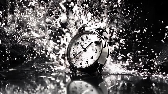 Dark surreal scene. Vintage clock face shattering into countless particles. Dramatic black and white composition. Reflective surface creates mirror-like effect. 
