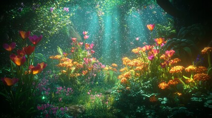 Illuminated Bliss - A Quantum Garden of Light with Luminous Flowers and Vibrant Plants in an Energy-Filled Environment
