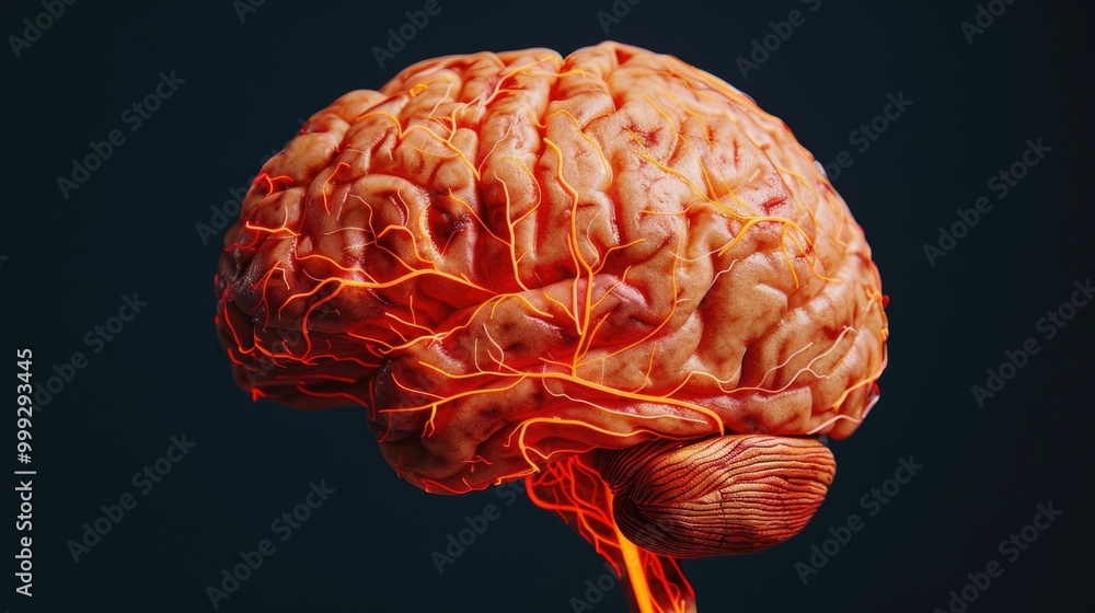 Poster glowing detailed image of a human brain showcasing the intricate energy pathways and glucose metabol
