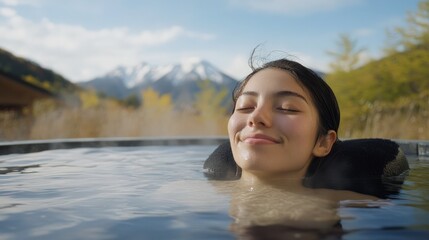 Obraz premium 美しい山の景色を眺めながら、春の静けさを満喫できる日本の温泉でリラックス