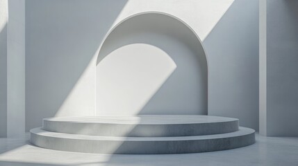 Fototapeta premium Minimalist White Room with Arched Niche and Circular Platform