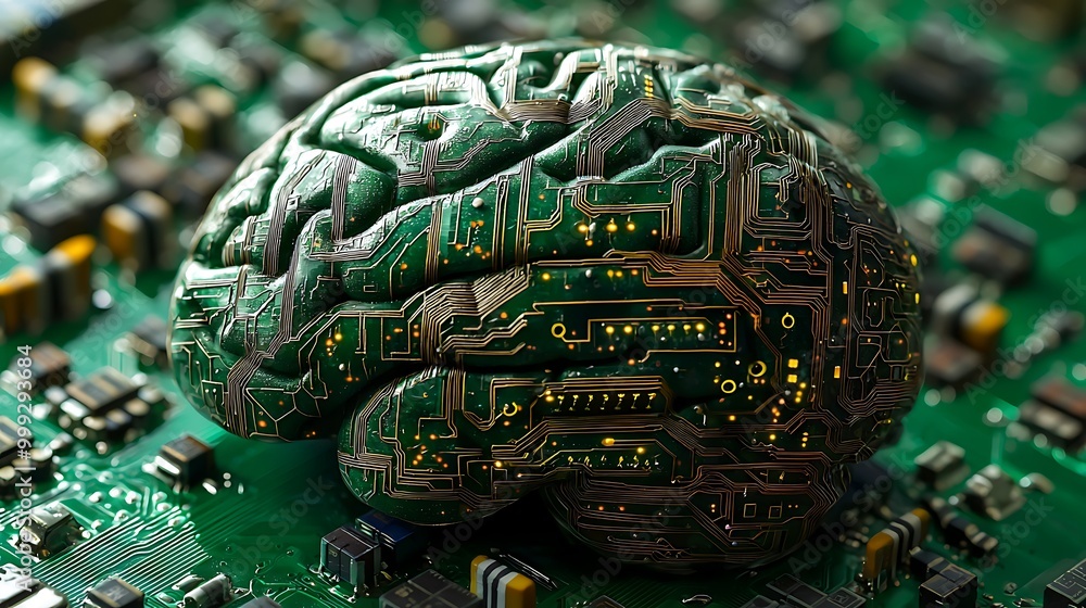 Poster a brain composed of intricate circuitry represents ai, fusing the human mind with advanced technolog