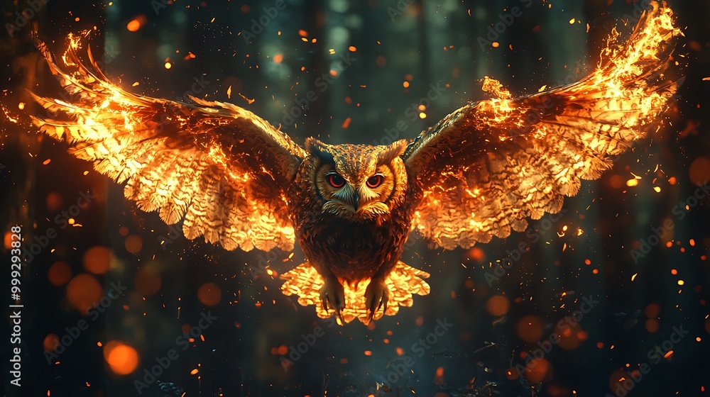 Poster a fiery owl soars through the forest, sparks trailing behind as it glides in a burst of intensity.