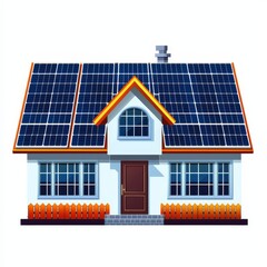 Solar panel house, eco-friendly design, isolated white background.