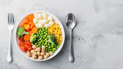 Balanced meal plate featuring a variety of fresh nutritious ingredients showcasing a wholesome healthy eating concept with nutrient breakdown and deep depth of field