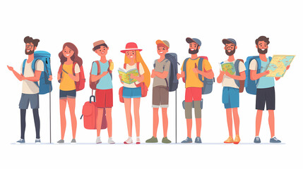 Obraz premium A group of tourists traveling with a backpack and map, on vacation. A collection of portraits of travelers.