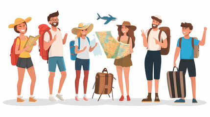 A group of tourists traveling with a backpack and map, on vacation. A collection of portraits of travelers.