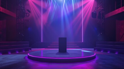 Stage Platform with Neon Lights in a Dark Room