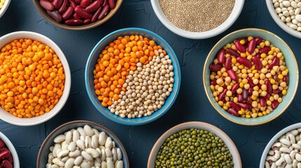 Beans and legumes with protein fiber and other nutrition icons in a deep depth of field background  Showcasing plant based healthy and organic food ingredients