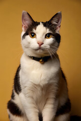 Obraz premium a cat sitting on a yellow background. The cat is wearing a collar and is looking directly at the camera