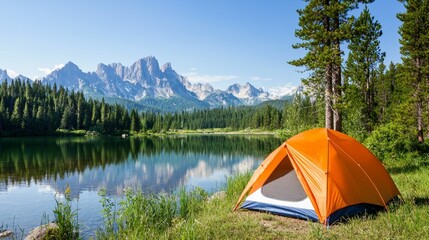 Scenic mountain lake view with orange tent and forest in the background. Outdoor camping experience in a peaceful natural setting.