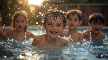 Children Splashing Joyfully in Pool Water