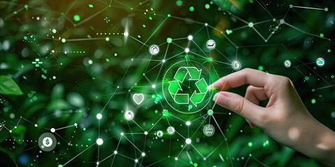Human Hand Connecting with Recycling Symbol and Eco-Friendly Icons Over a Digital Network, Emphasizing Sustainable Environment on Green Background.