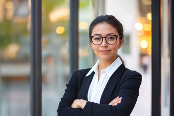 Young female corporate executive standing outside modern office.