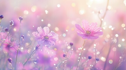 Naklejka premium A field of delicate flowers with water drops on the petals, providing a tranquil background with room for text.