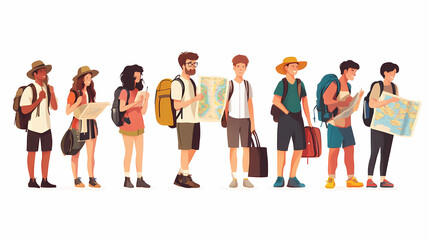 A group of tourists traveling with a backpack and map, on vacation. A collection of portraits of travelers.