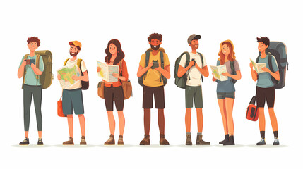Obraz premium A group of tourists traveling with a backpack and map, on vacation. A collection of portraits of travelers.