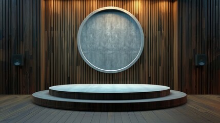 Two-Tiered Round Wooden Podium with Circular Concrete Frame in Front of Wooden Wall