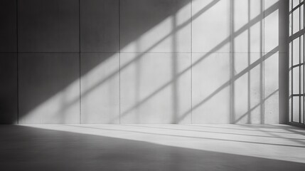Fototapeta premium A minimalist interior featuring dramatic shadows and light from large windows, creating a serene and modern atmosphere.