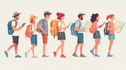 A group of tourists traveling with a backpack and map, on vacation. A collection of portraits of travelers.