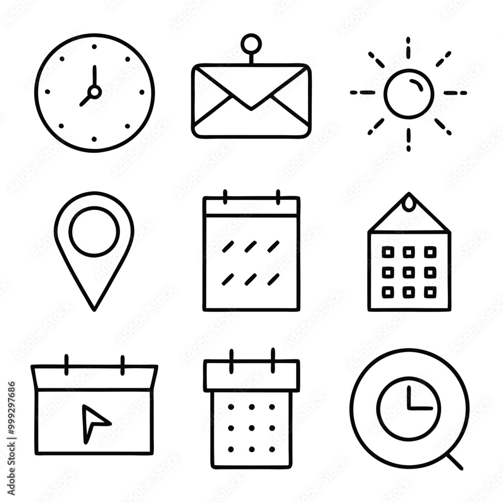 Poster minimalist line art vector icons for clock, calendar, and location in modern outline style. set of n