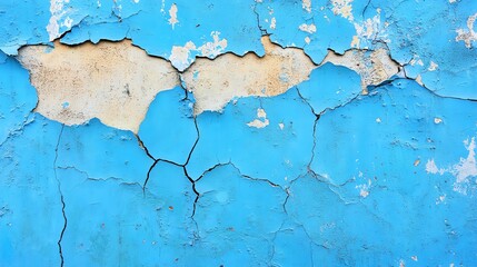 Fototapeta premium A textured blue wall with cracks and peeling paint, showcasing nature's art on a weathered surface.