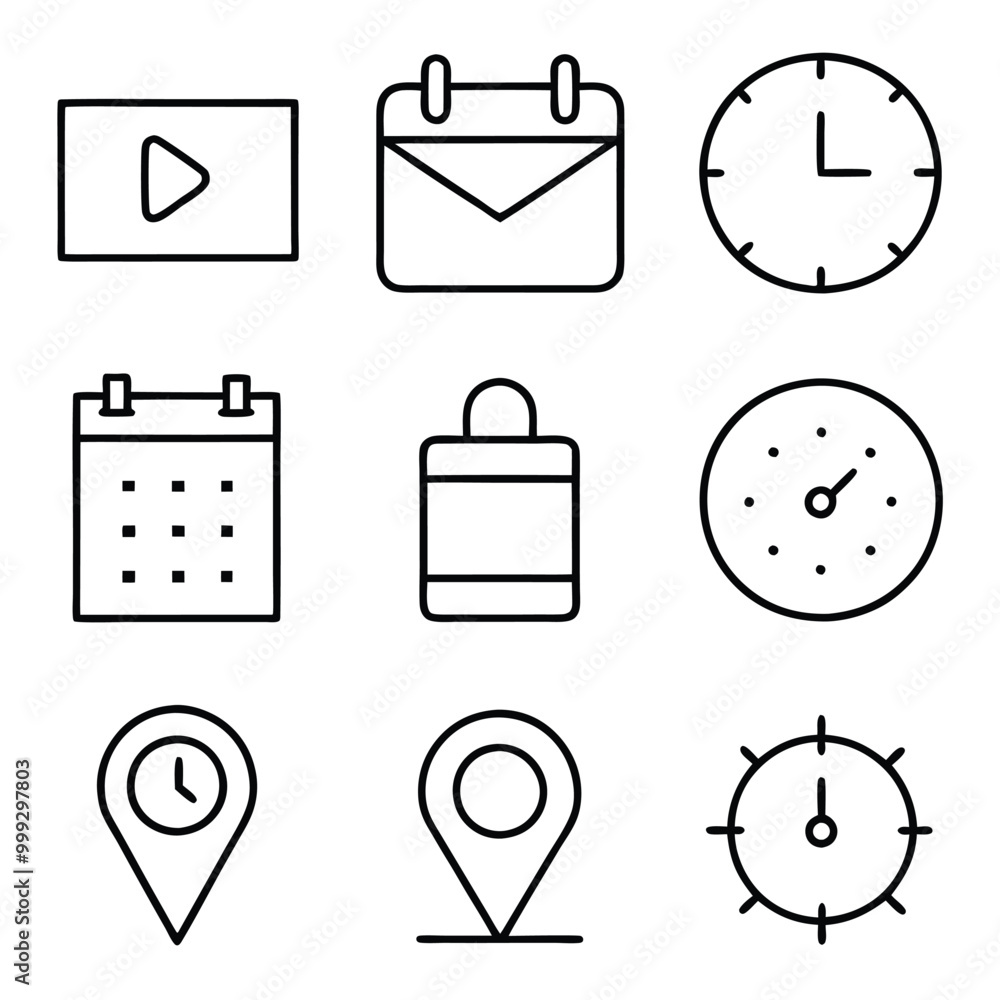 Poster minimalist line art vector icons for clock, calendar, and location in modern outline style. set of n