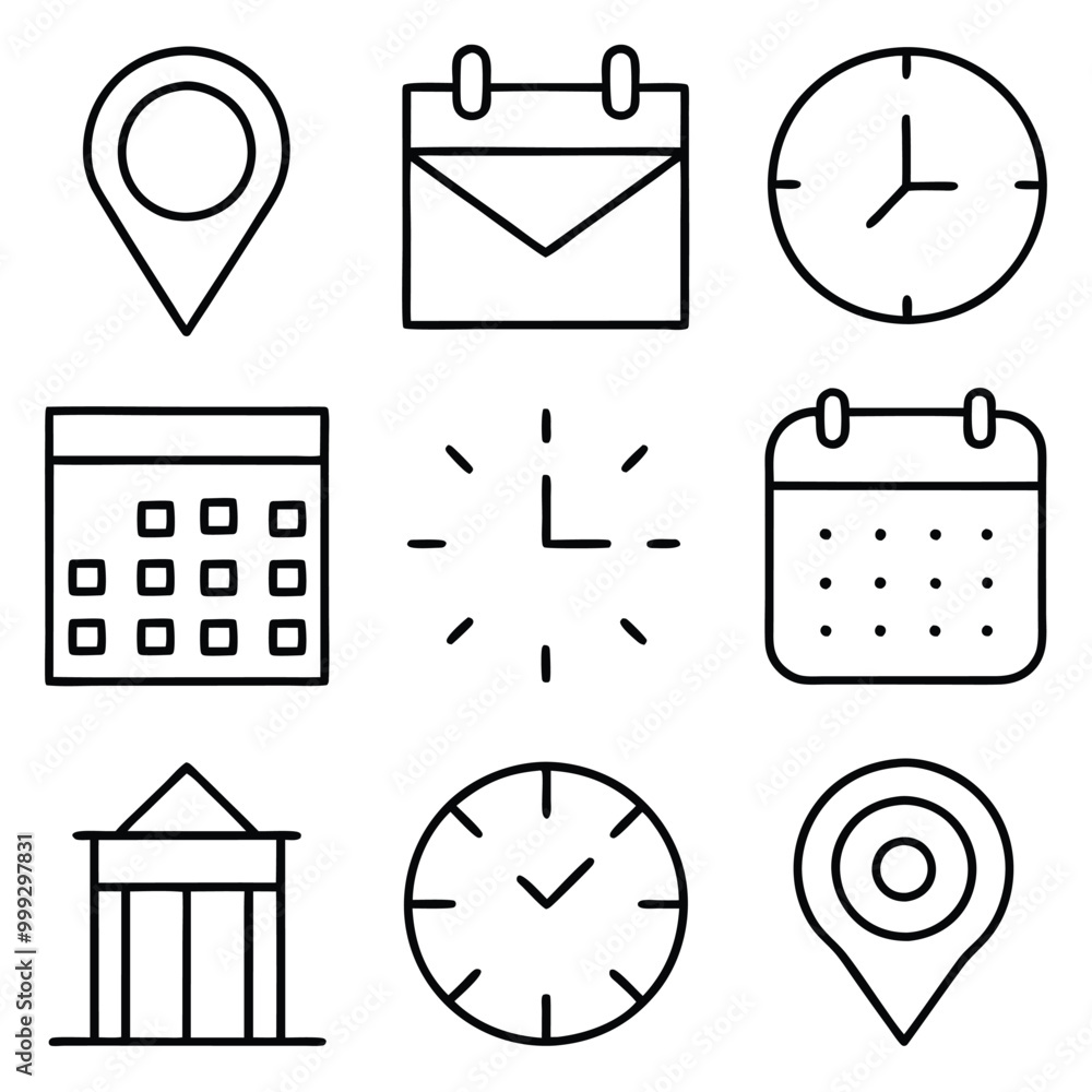 Poster minimalist line art vector icons for clock, calendar, and location in modern outline style. set of n