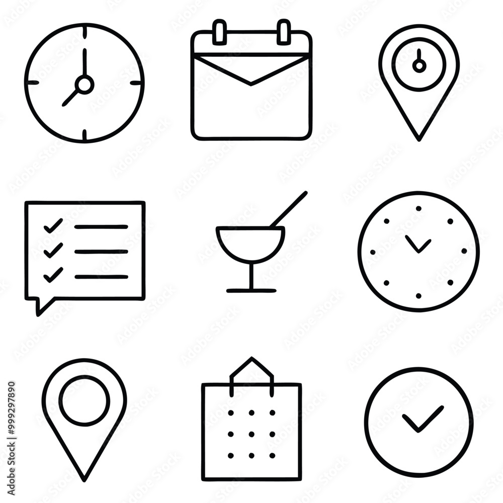 Poster minimalist line art vector icons for clock, calendar, and location in modern outline style. set of n