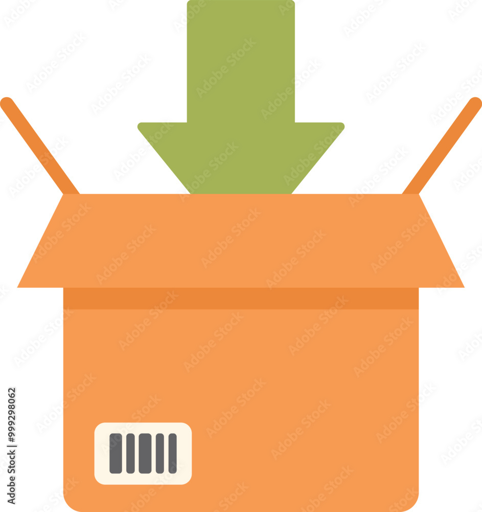 Poster green arrow pointing down is going inside an open cardboard box with a barcode on it