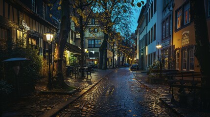 Cobblestone Street at Night in a European City