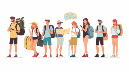 A group of tourists traveling with a backpack and map, on vacation. A collection of portraits of travelers.