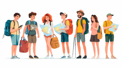 A group of tourists traveling with a backpack and map, on vacation. A collection of portraits of travelers.