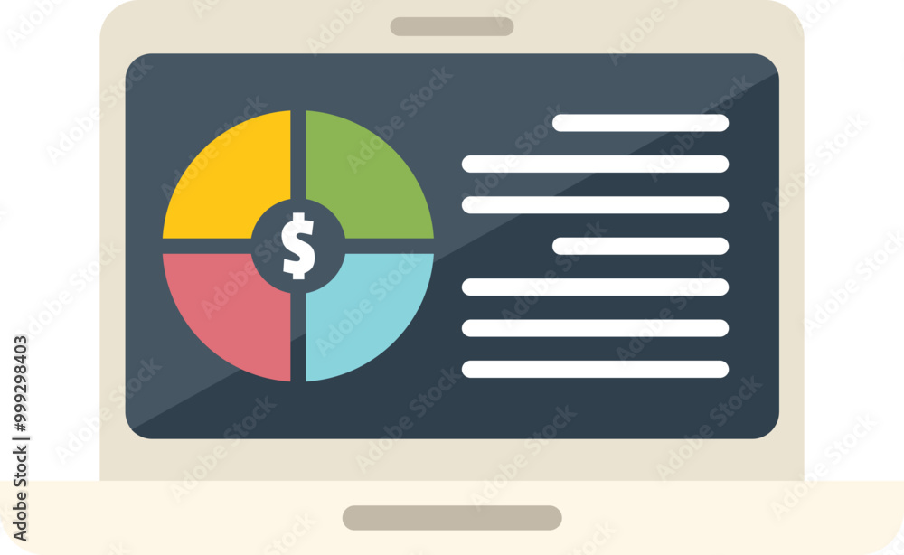 Poster laptop is displaying a financial report with a pie chart representing investment distribution and da