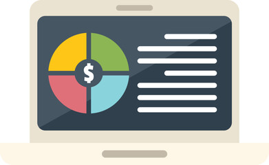 Laptop is displaying a financial report with a pie chart representing investment distribution and data analysis