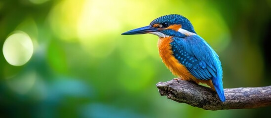 Obraz premium A vibrant blue and orange kingfisher perches on a branch against a blurred green background.