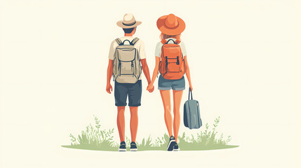 A group of tourists traveling with a backpack and map, on vacation. A collection of portraits of travelers.