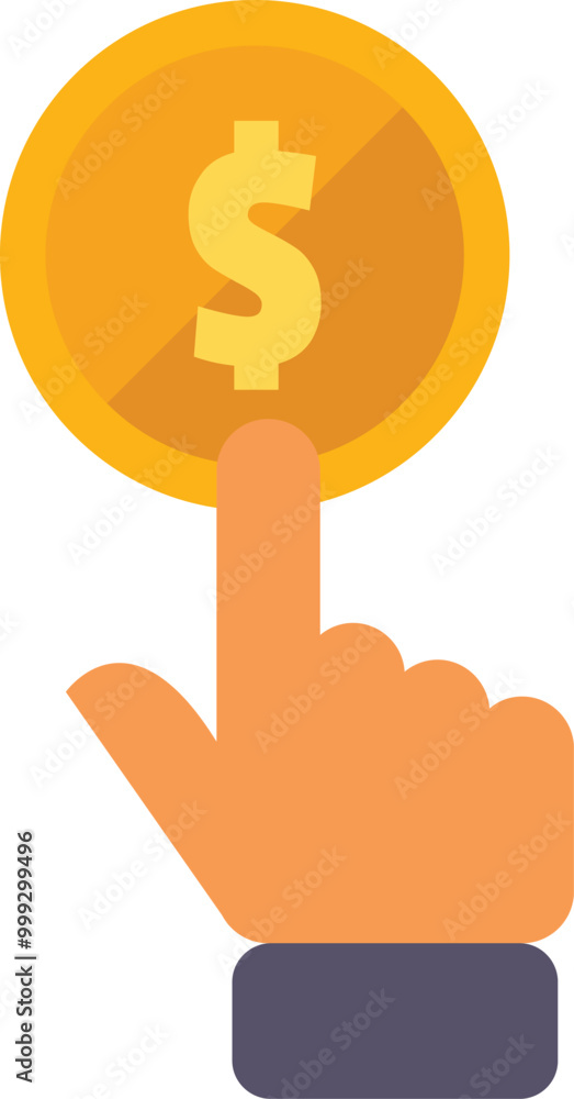 Poster businessman is pointing a golden coin with dollar sign using his index finger representing business 