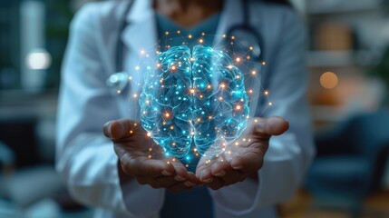 Innovative neurology: doctor with a human brain hologram, showcasing digital advancements in medical education, and disease management, highlighting psychology and neurologist expertise.