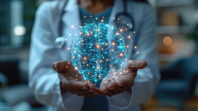 Innovative neurology: doctor with a human brain hologram, showcasing digital advancements in medical education, and disease management, highlighting psychology and neurologist expertise.