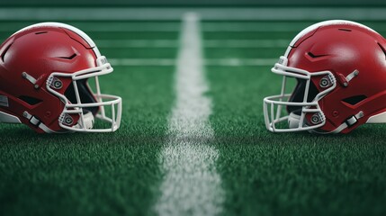 Two red football helmets on a green field, symbolizing competition and teamwork.