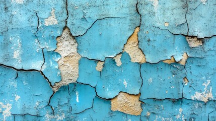 Close-up of a distressed blue wall showing cracked paint and peeling texture, highlighting the beauty of urban decay.