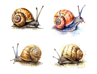  A vibrant watercolor painting of four snails, each showcasing unique colors and textures on their shells.