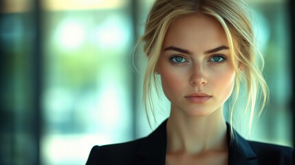 Fototapeta premium A thriving accounting firm led by a stunning, slim blonde woman, with dedicated employees driving success.